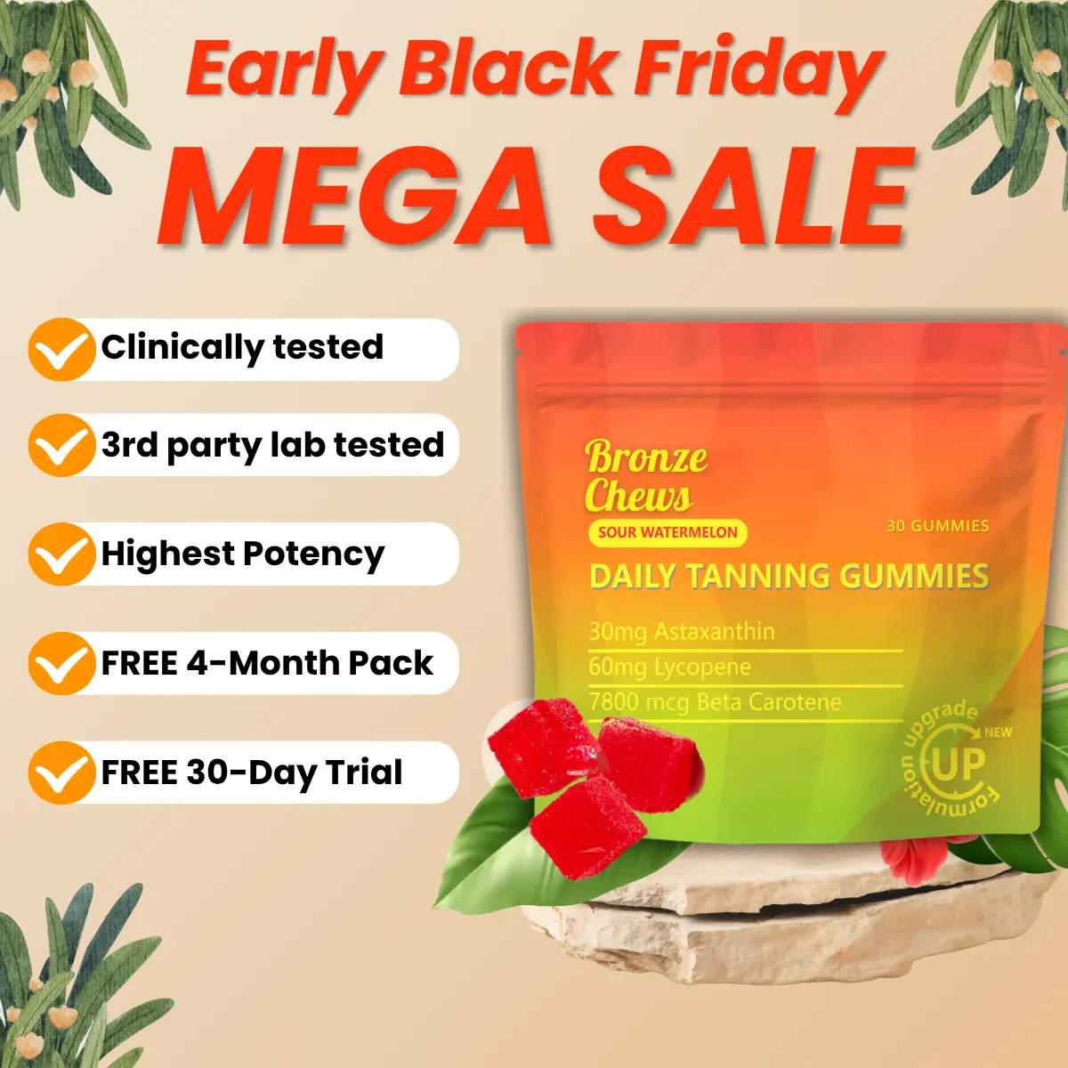 Bronze Chews Sour Watermelon Daily Tanning Gummies